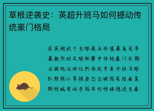 草根逆袭史：英超升班马如何撼动传统豪门格局