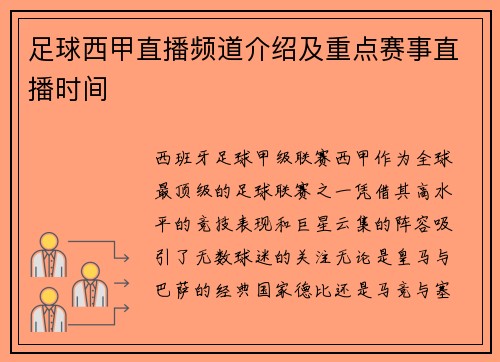 足球西甲直播频道介绍及重点赛事直播时间